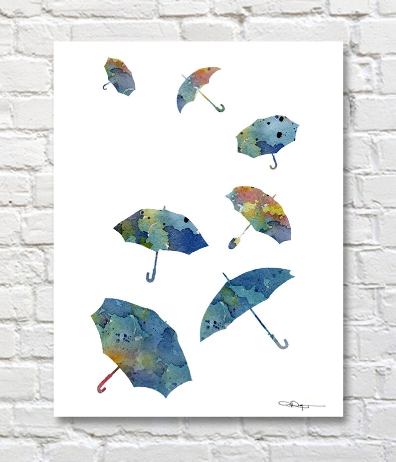 Blue Umbrellas Art Print Abstract Umbrella Watercolor Etsy