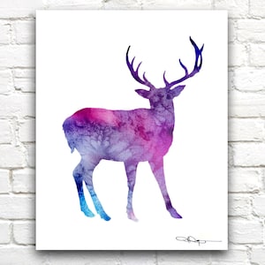 Purple Deer Art Print - Abstract Blue Buck Watercolor Painting - Wall Decor