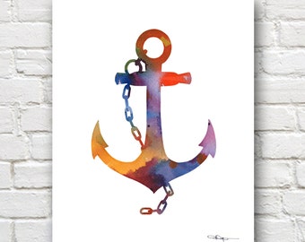 ANCHOR and RUDDER Watercolor Art Print Sea Ink Painting Ocean ...