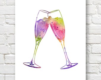 Champaigne Glasses Art Print - Abstract Watercolor Painting -  Wall Decor