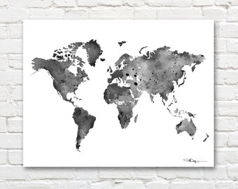 World Map - Black and White Watercolor Map - Wall Decor