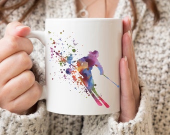Skier Mug - Skiing Gift - Skier Watercolor Art Mug - Ski Coffee Mug - Unique Ski Gifts