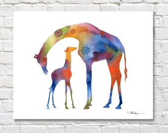 Giraffe Art Print - Giraffe and Baby - Abstract Watercolor Painting - Wall Decor