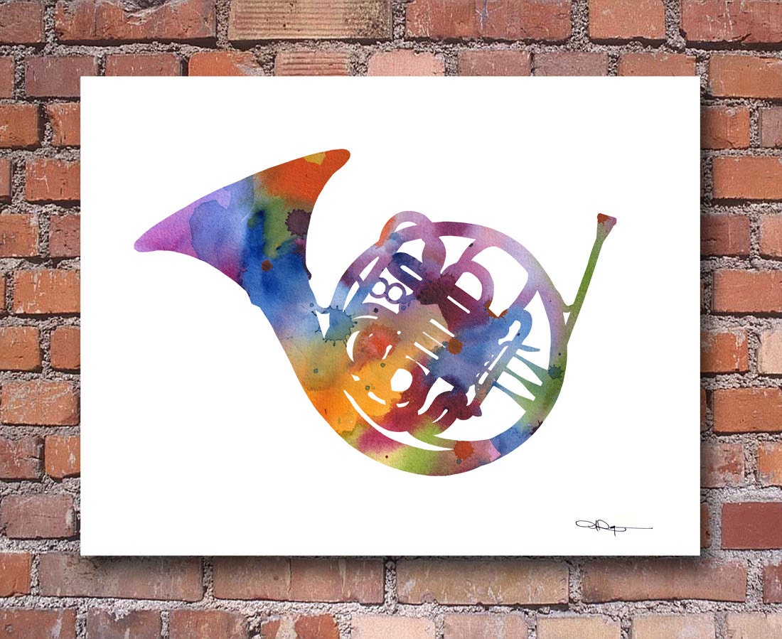 French Horn Art Print Abstract Watercolor Painting Wall Etsy