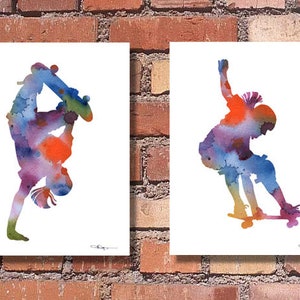 Mädchen Skateboard Kunst - 2er Set Skateboarding Mädchen Kunstdrucke - Aquarell Malerei - Wand-Dekor