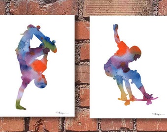 Skateboard Art - Set of 2 Skateboarding Art Prints - Watercolor Painting - Wall Decor