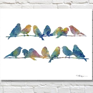 Bird Art Print - &quot;Blue Finches&quot; - Abstract Bird Art - Watercolor Painting - Wall Decor