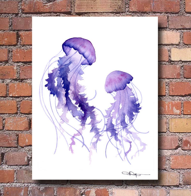 Dancing Jellyfish Art Print Watercolor Abstract Painting Wall Decor image 1