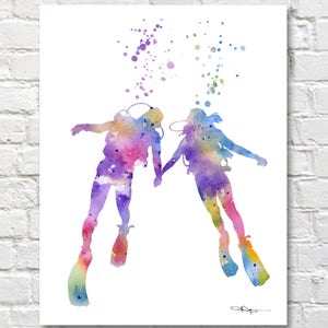 Scuba Divers Art Print - Pintura de acuarela abstracta - Decoración de la pared