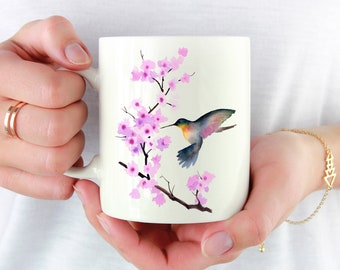 Hummingbird Mug - Cherry Blossoms Gift - Colorful Hummingbird Watercolor Art Mug - Hummingbird Coffee Mug - Unique Cherry Blossoms Gifts
