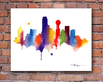 Dallas Skyline Art Print - Abstract Watercolor Art Print - Wall Decor