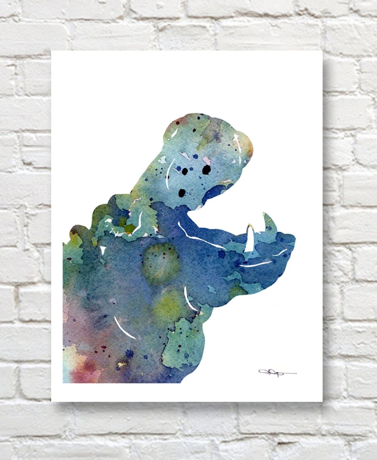 Blue Hippo Art Print Wall Decor Abstract Watercolor Painting