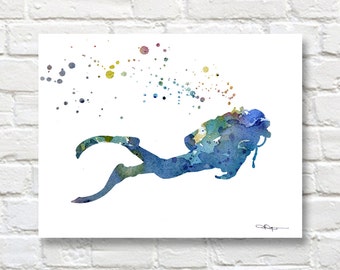 Scuba Diver Art Print - pittura astratta dell&#39;acquerello - Wall Decor