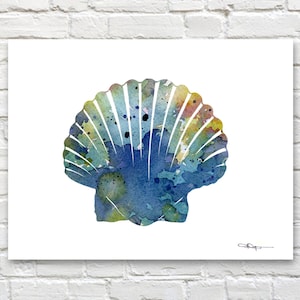 Blue Seashell Scallop Print - Abstract Watercolor Painting - Wall Decor