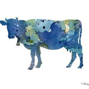 Blue Cow Art Print Abstract Watercolor Painting Wall Decor image 2