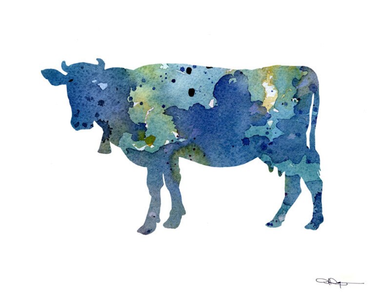 Blue Cow Art Print Abstract Watercolor Painting Wall Decor image 2
