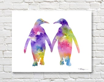 Penguin Love - Penguin Art Print - Abstract Watercolor Painting - Wall Decor