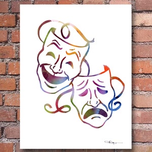Impressão artística de máscaras de tragédia de comédia - aquarela abstrata - decoração de parede