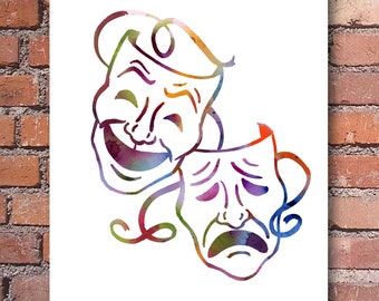 Comedy Tragedy Masks Art Print - Abstract Watercolor - Wall Decor