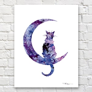 Black Cat Moon Art Print - Abstract Watercolor Painting - Wall Decor
