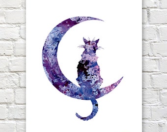 Black Cat Moon Art Print - Abstract Watercolor Painting - Wall Decor