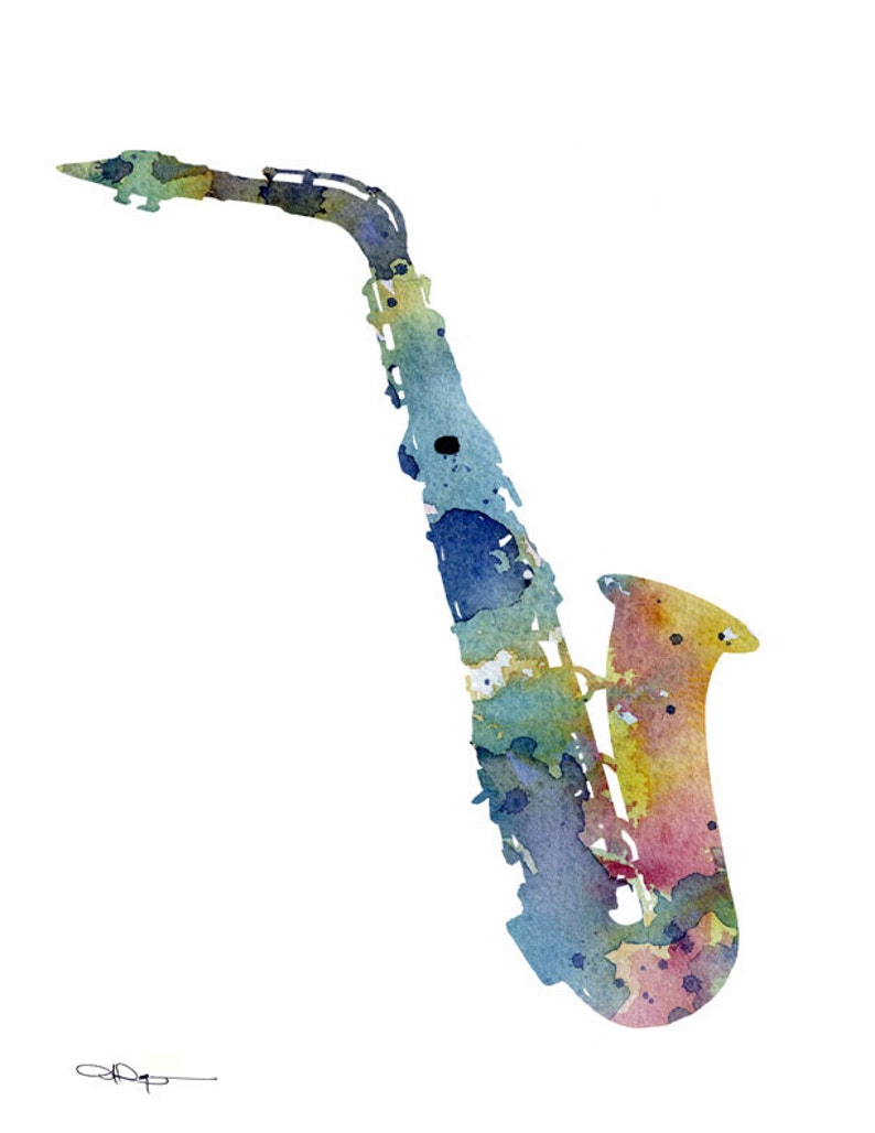 Blue Sax Art Print Abstract Watercolor Painting Saxophone Etsy