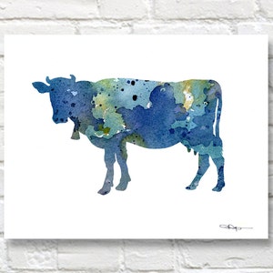 Blue Cow Art Print Abstract Watercolor Painting Wall Decor image 1