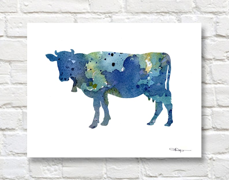 Blue Cow Art Print Abstract Watercolor Painting Wall Decor image 1