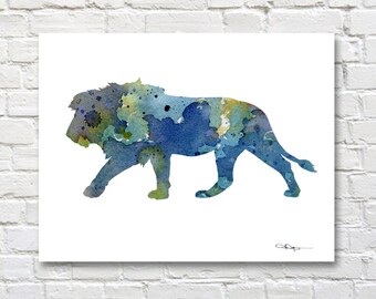 Blue Lion Art Print Watercolor - Abstract Painting - Wall Decor