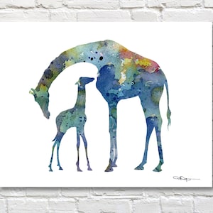 Giraffe Art Print - Giraffe and Baby - Abstract Watercolor Painting - Wall Decor