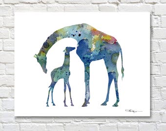 Giraffe Art Print - Giraffe and Baby - Abstract Watercolor Painting - Wall Decor