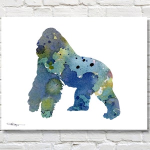 Blue Gorilla Art Print - Abstract Wildlife Watercolor Painting - Wall Decor