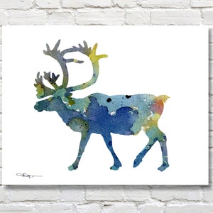 Blue Caribou Art Print - Abstract Wildlife Watercolor Painting - Wall Decor