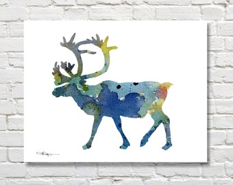 Blue Caribou Art Print - Abstract Wildlife Watercolor Painting - Wall Decor