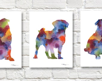 Pug Art Prints - Set of 3 - Triptic Watercolor Paintings - Wall Decor