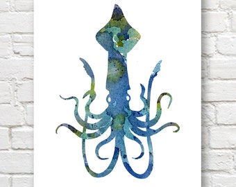 Blue Squid Art Print - Abstract Watercolor Painting - Wall Decor