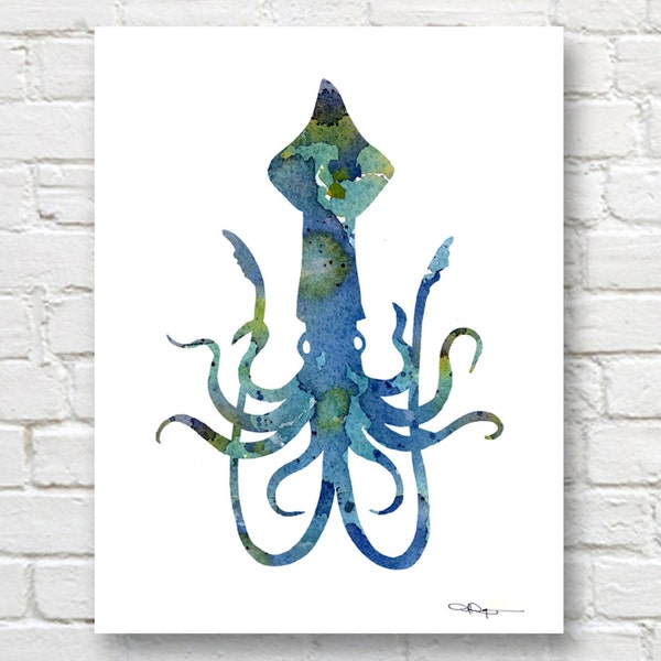 Blue Squid Art Print - Abstract Watercolor Painting - Wall Decor