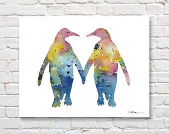 Penguin Love - Penguin Art Print - Abstract Watercolor Painting - Wall Decor