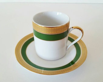 Confiserie Heidel Demitasse/Expresso Cup and Saucer in White, Green and Gold