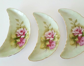 Three Lefton Hand Painted Trinket or Candy Dishes - Pale Green with Pink Roses - #3708, Shabby Chic Decor