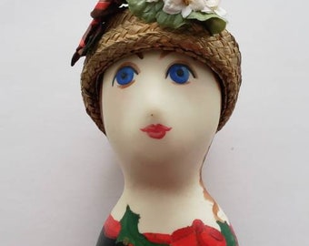 Vintage Paper Mache Lady Decorated with Christmas Theme of Holly and Berries