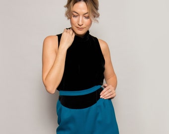 1980's Valentino Teal Blue Skirt w/ Velvet Trim