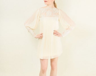 Cream Pleated And Lace Mini Dress