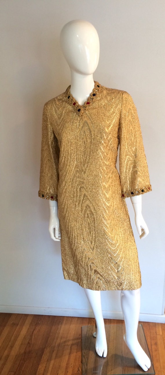 Vintage 1960/'s Metallic Gold Holiday Cocktail Shift Dress with Crystal and Velvet Embellishment