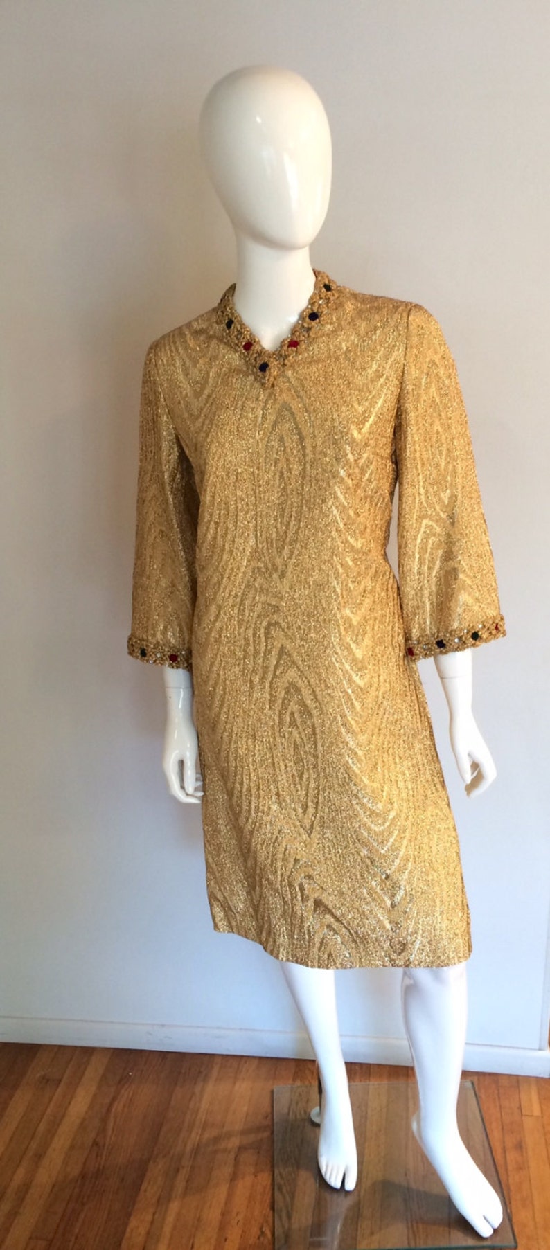 Vintage 1960/'s Metallic Gold Holiday Cocktail Shift Dress with Crystal and Velvet Embellishment