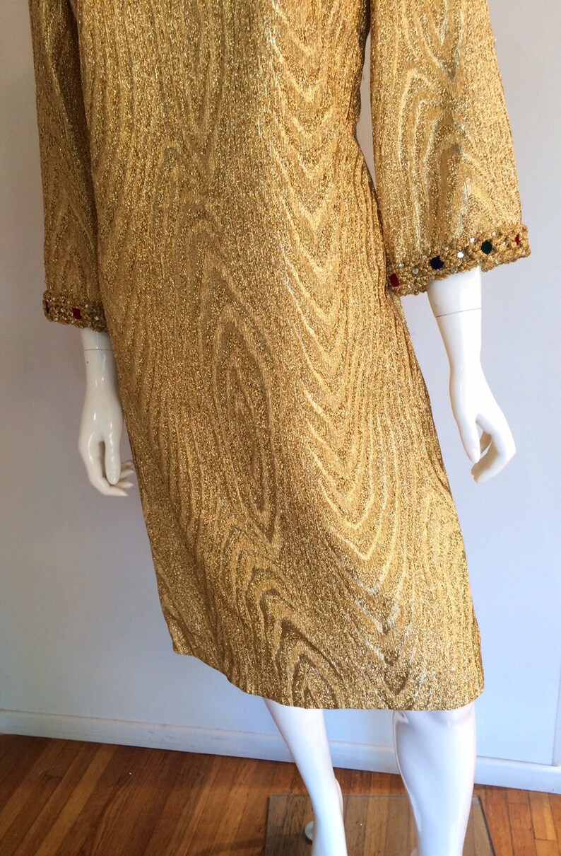 Vintage 1960/'s Metallic Gold Holiday Cocktail Shift Dress with Crystal and Velvet Embellishment