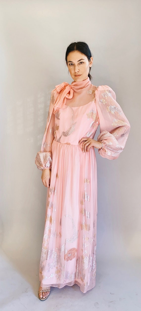 Silk Pink & Metallic Balloon Sleeve Dress/Gown