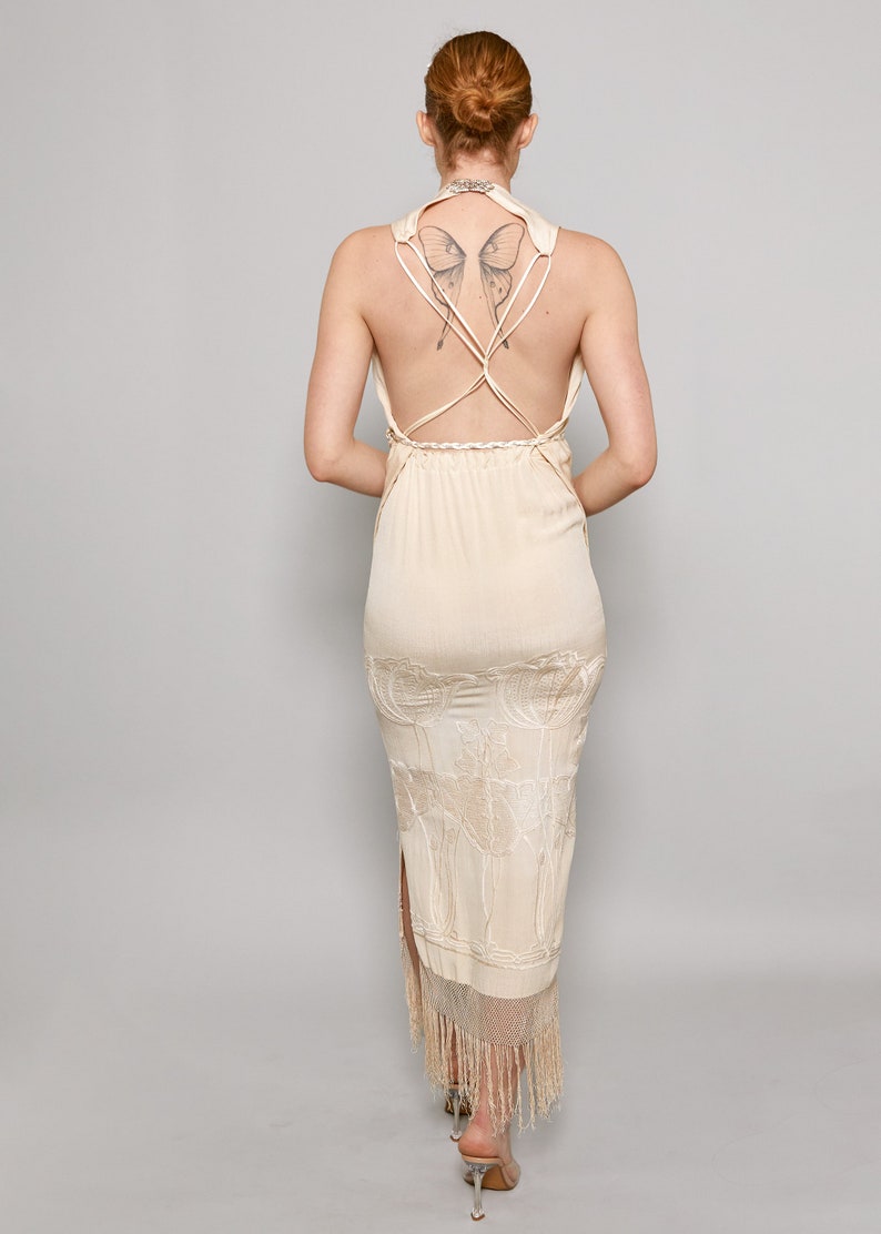 1920's Cream Embroidered Fringe Rope Belt Dress image 5