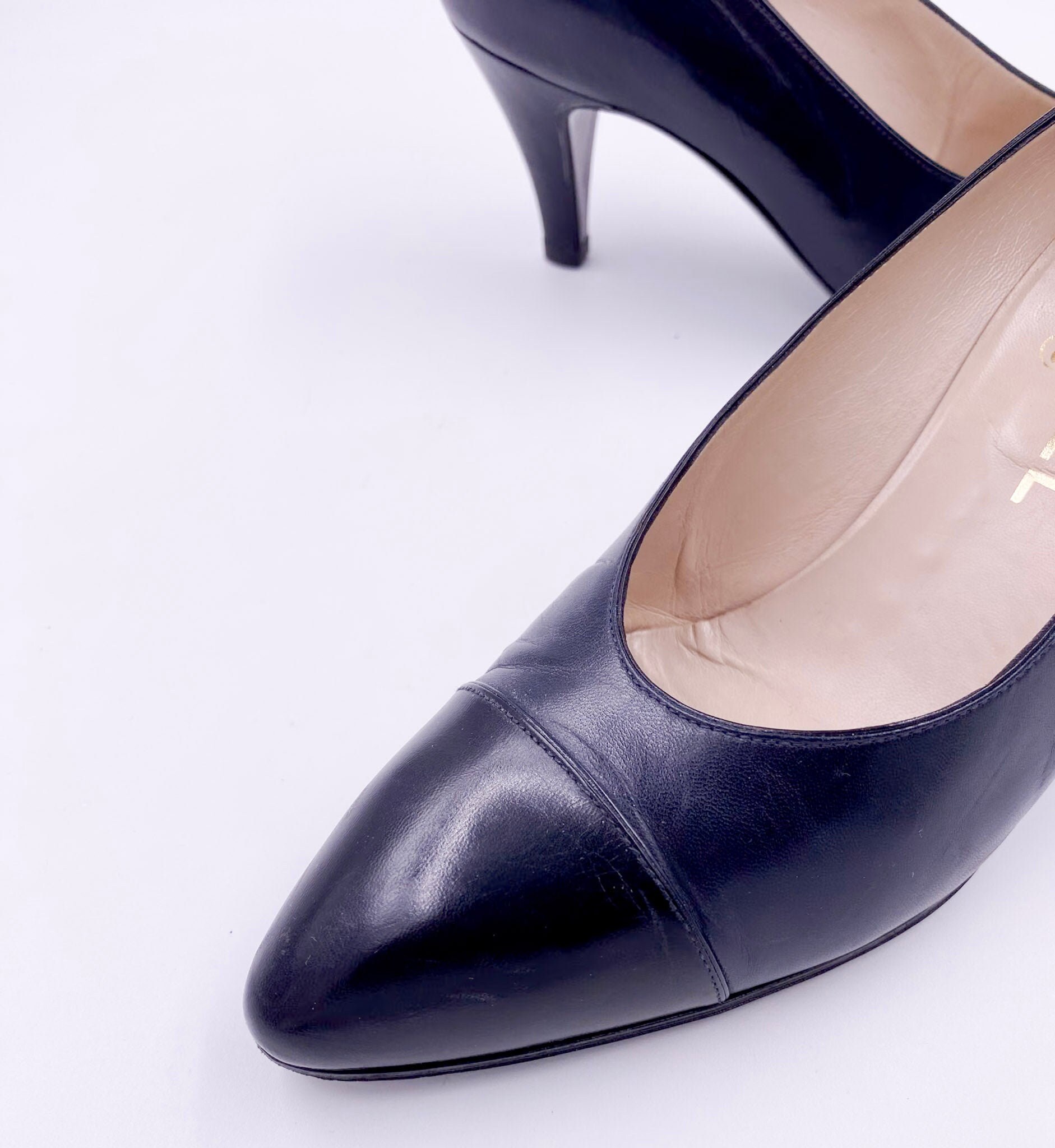 Vintage Black Leather Chanel Pumps With Black Leather Toe - Etsy