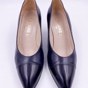 Vintage Black Leather Chanel Pumps with Black Leather Toe